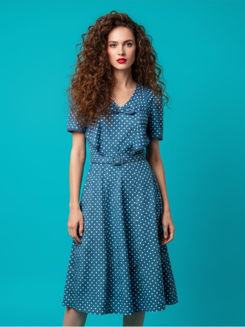 Hell Bunny Vixen Belted Rockabilly Blue White Polka Dot Dress XS